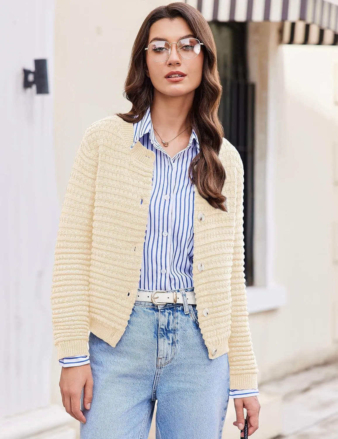 Cardigan Sweaters for Women Open Front Casual Long Sleeve Sweater Coat Trendy Button Down Cropped Jackets