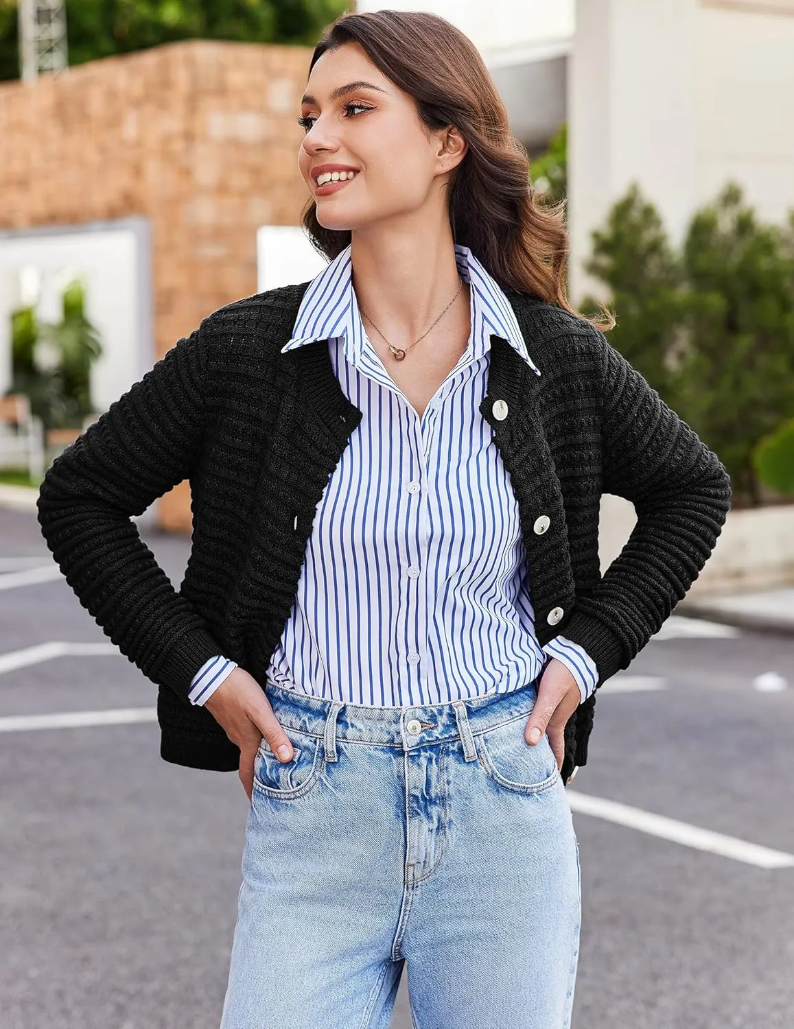 Cardigan Sweaters for Women Open Front Casual Long Sleeve Sweater Coat Trendy Button Down Cropped Jackets