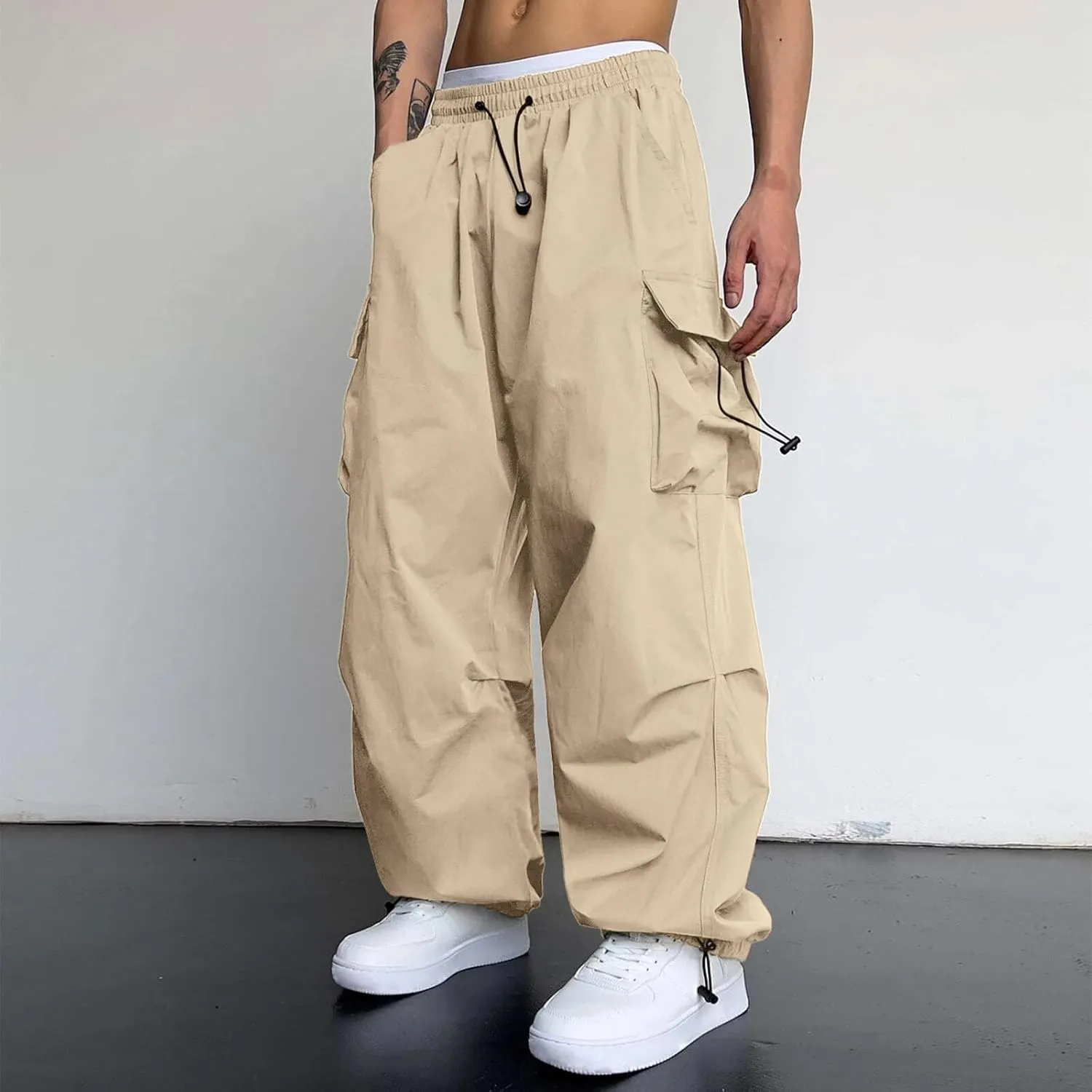 Cargo Pant Men Cotton Stretchy Casual Joggers Elastic Waist Drawstring Hip Hop Pant Multi Pockets