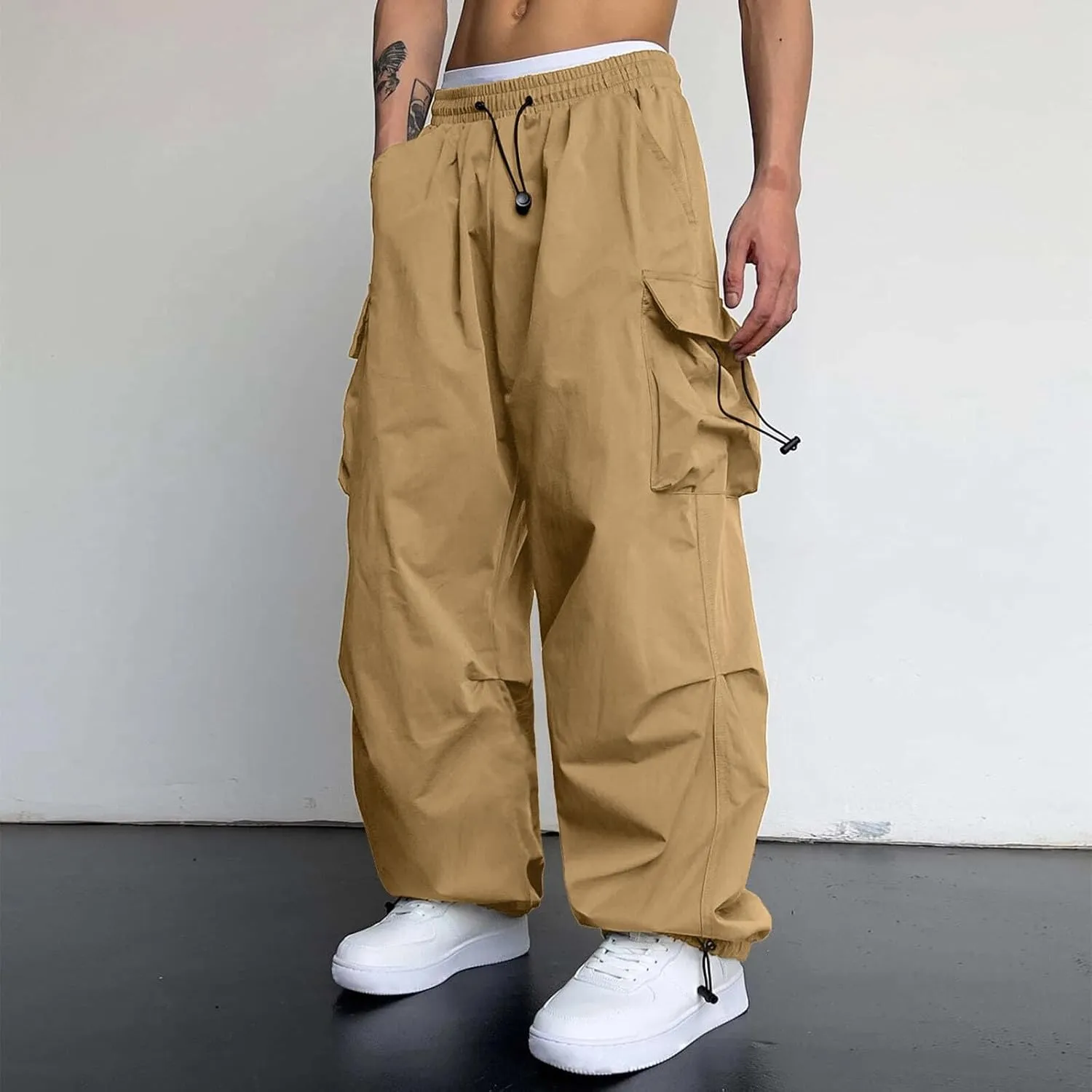 Cargo Pant Men Cotton Stretchy Casual Joggers Elastic Waist Drawstring Hip Hop Pant Multi Pockets