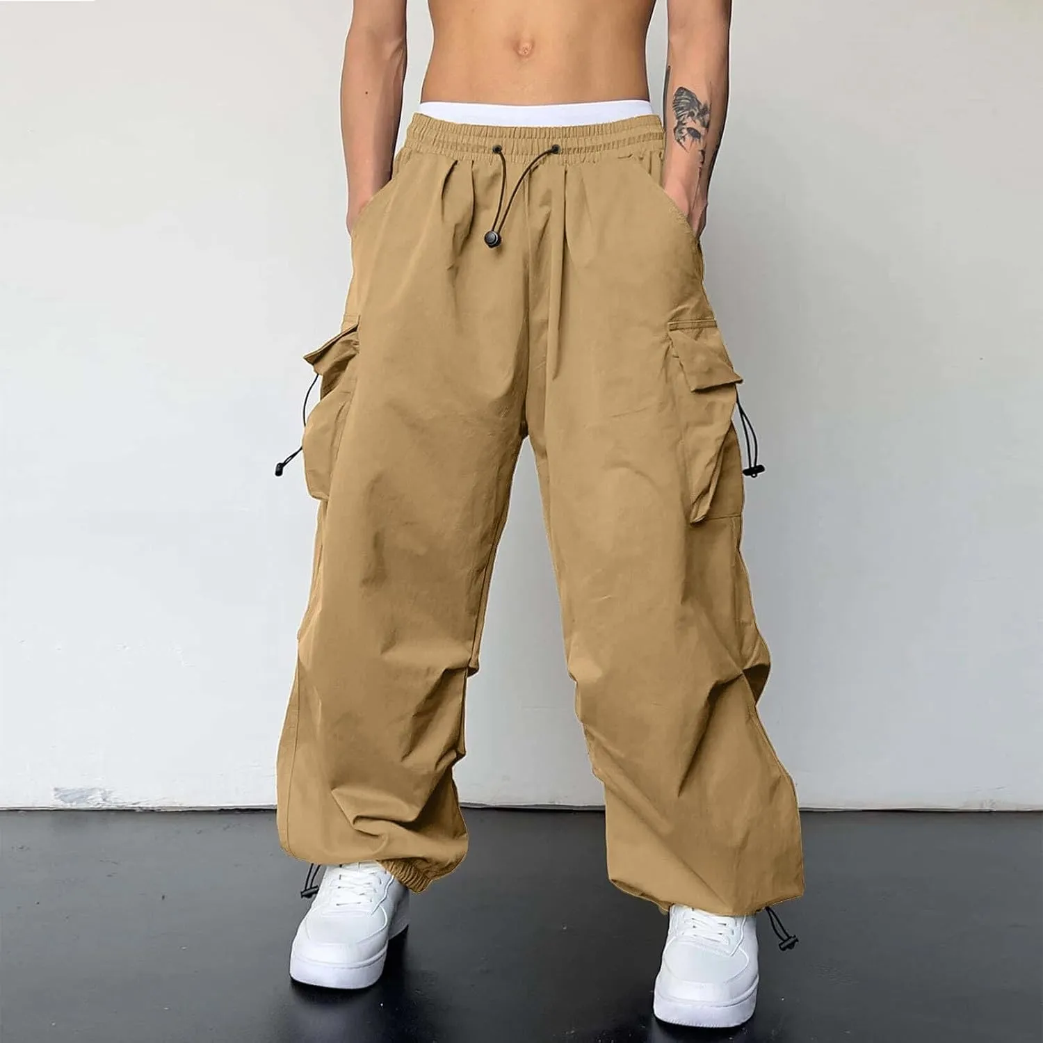 Cargo Pant Men Cotton Stretchy Casual Joggers Elastic Waist Drawstring Hip Hop Pant Multi Pockets