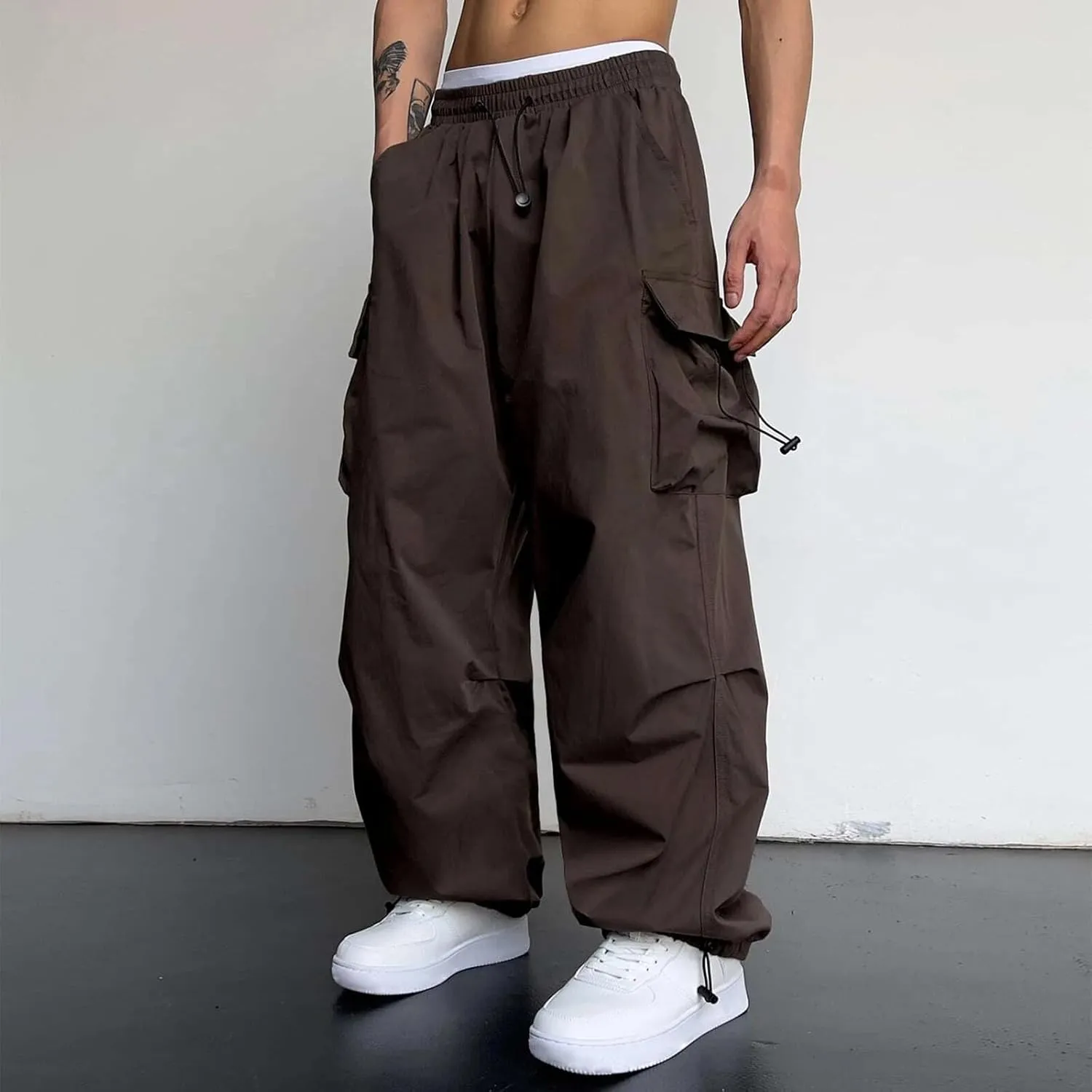 Cargo Pants for Men Baggy Drawstring Parachute Pant with Pockets Casual Athletic Trousers Joggers Streetwear