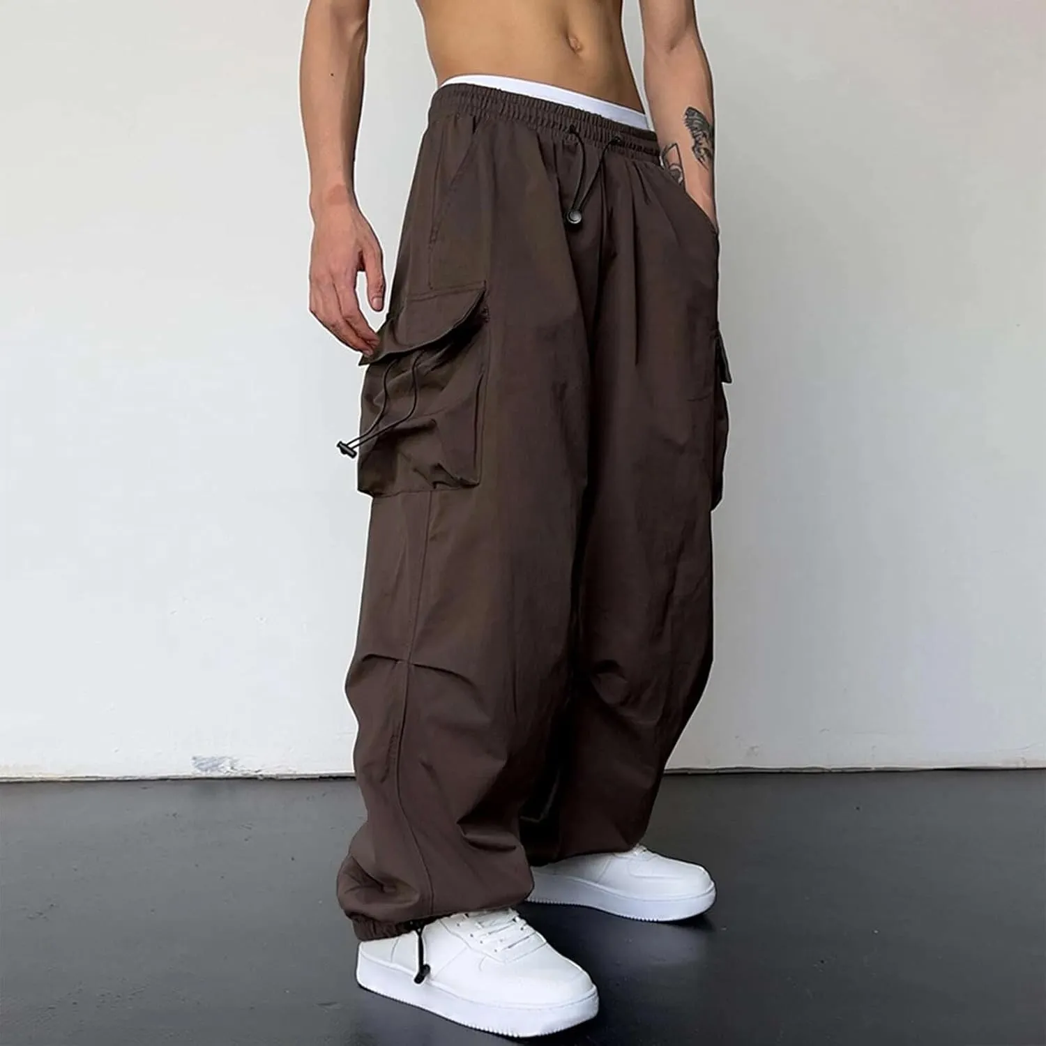 Cargo Pants for Men Baggy Drawstring Parachute Pant with Pockets Casual Athletic Trousers Joggers Streetwear