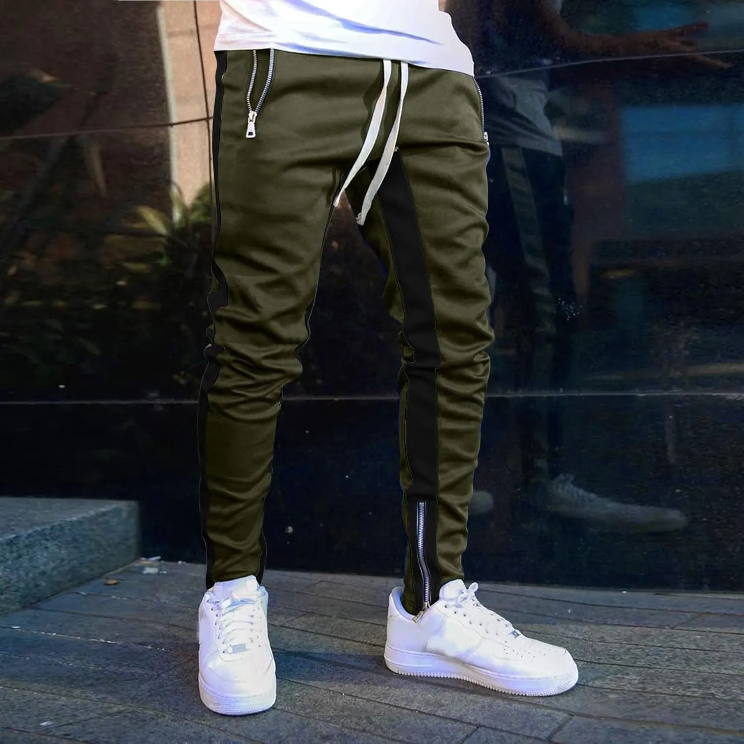 Cargo Pants for Men Relaxed Fit Men's Elastic Waist Drawstring Long Pants Solid Color Pockets Casual Loose Trousers