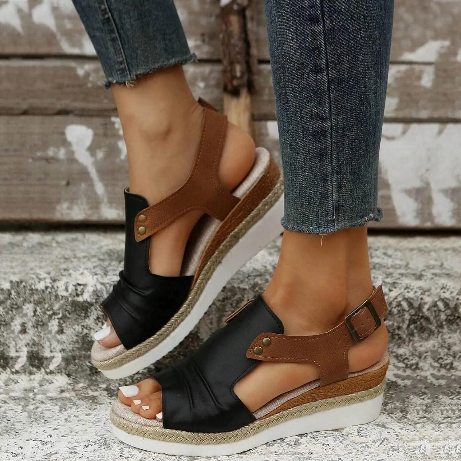 Cathalem Orthopedic Platform Wedge Sandals for Women Summer Dressy 2024 Flat Open Toe Ankle Strap Espadrilles Sandals