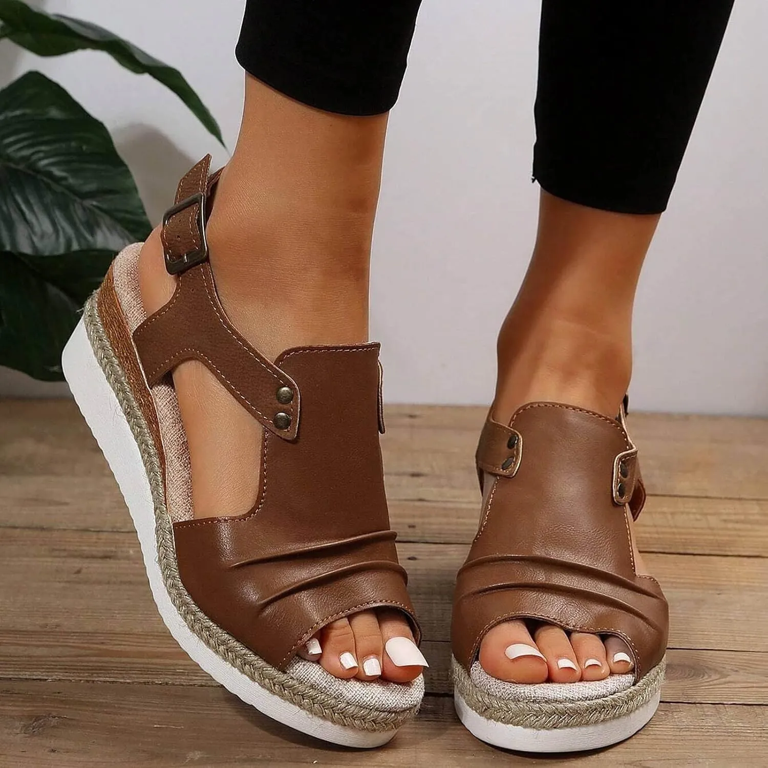 Cathalem Wedges Heels for Women Flat Open Toe Ankle Strap Espadrilles Sandals Casual Slip on Sandals Beach Boho Sandals