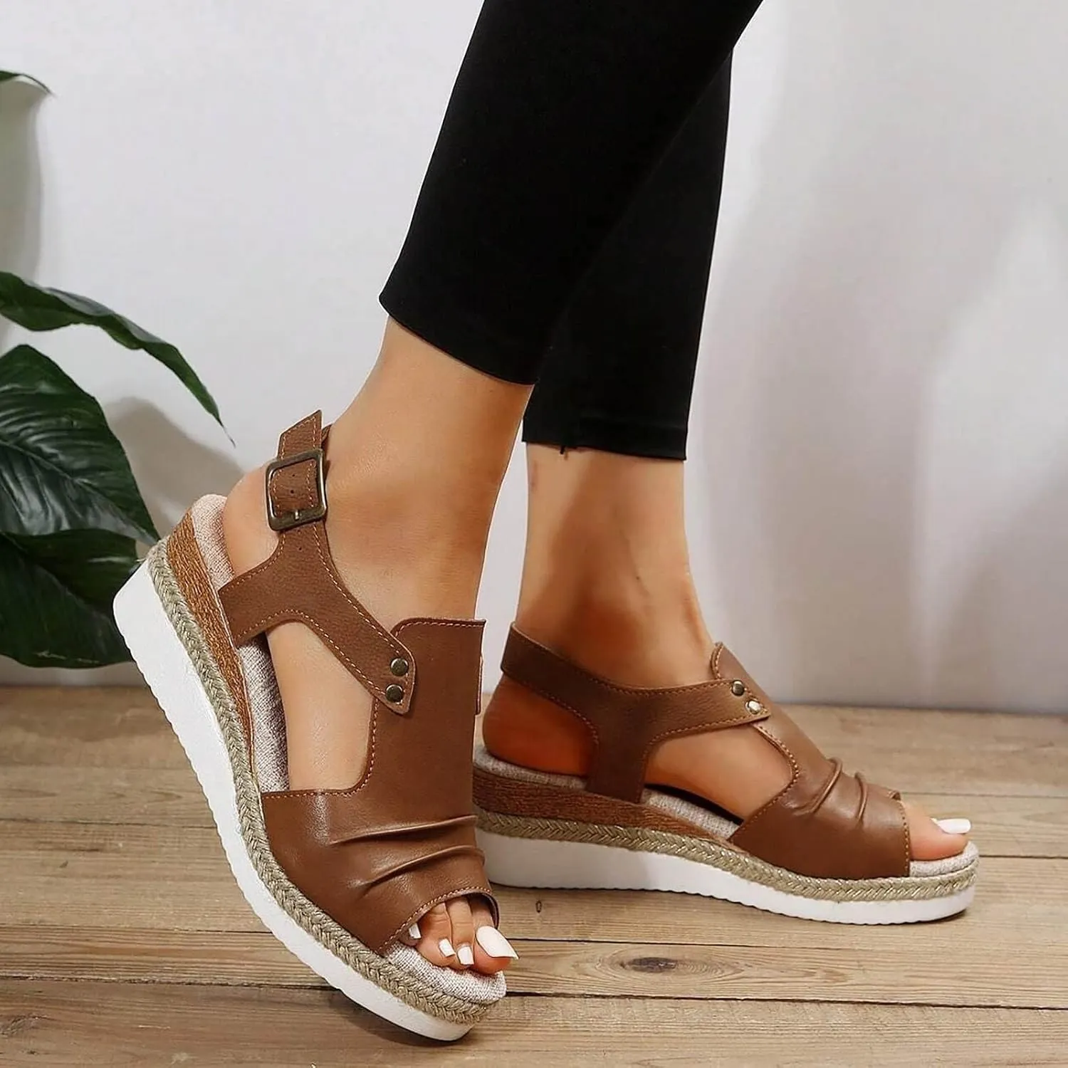 Cathalem Wedges Heels for Women Flat Open Toe Ankle Strap Espadrilles Sandals Casual Slip on Sandals Beach Boho Sandals