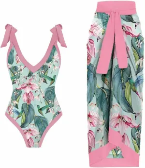 Cbcbtwo Swim Suits for Women 2025 Bathing Suit with Maxi Wrap Skirts 2 PC Floral Print Swimsuit Tummy Control One-Pieces Sets