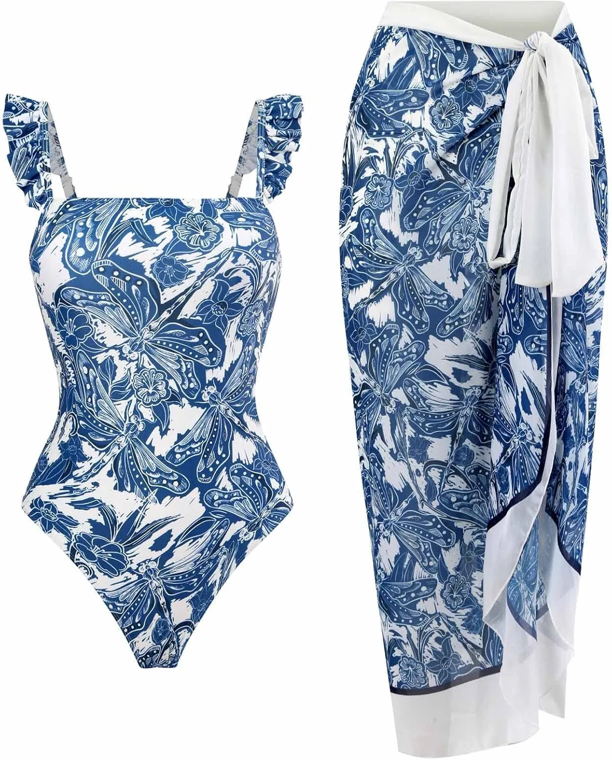 Cbcbtwo Swim Suits for Women 2025 Bathing Suit with Maxi Wrap Skirts 2 PC Floral Print Swimsuit Tummy Control One-Pieces Sets