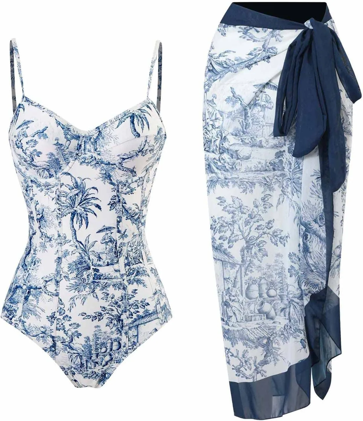 Cbcbtwo Swim Suits for Women 2025 Bathing Suit with Maxi Wrap Skirts 2 PC Floral Print Swimsuit Tummy Control One-Pieces Sets