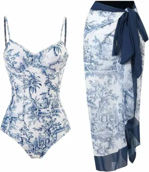 Cbcbtwo Swim Suits for Women 2025 Bathing Suit with Maxi Wrap Skirts 2 PC Floral Print Swimsuit Tummy Control One-Pieces Sets
