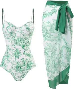 Cbcbtwo Swim Suits for Women 2025 Bathing Suit with Maxi Wrap Skirts 2 PC Floral Print Swimsuit Tummy Control One-Pieces Sets
