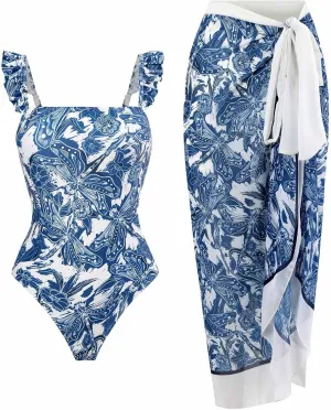 Cbcbtwo Swim Suits for Women 2025 Bathing Suit with Maxi Wrap Skirts 2 PC Floral Print Swimsuit Tummy Control One-Pieces Sets