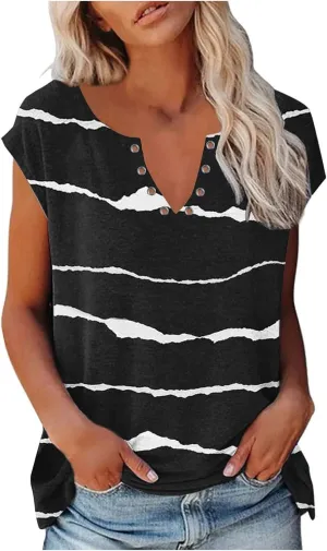 Ceboyel Womens Striped Casual T-Shirt Cap Sleeve V Neck Blouse Shirts Casual Tee Tops Summer Vacation Outfits 2023