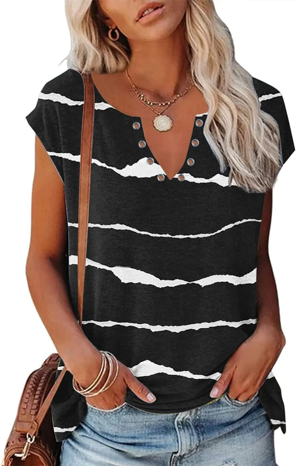 Ceboyel Womens Striped Casual T-Shirt Cap Sleeve V Neck Blouse Shirts Casual Tee Tops Summer Vacation Outfits 2023