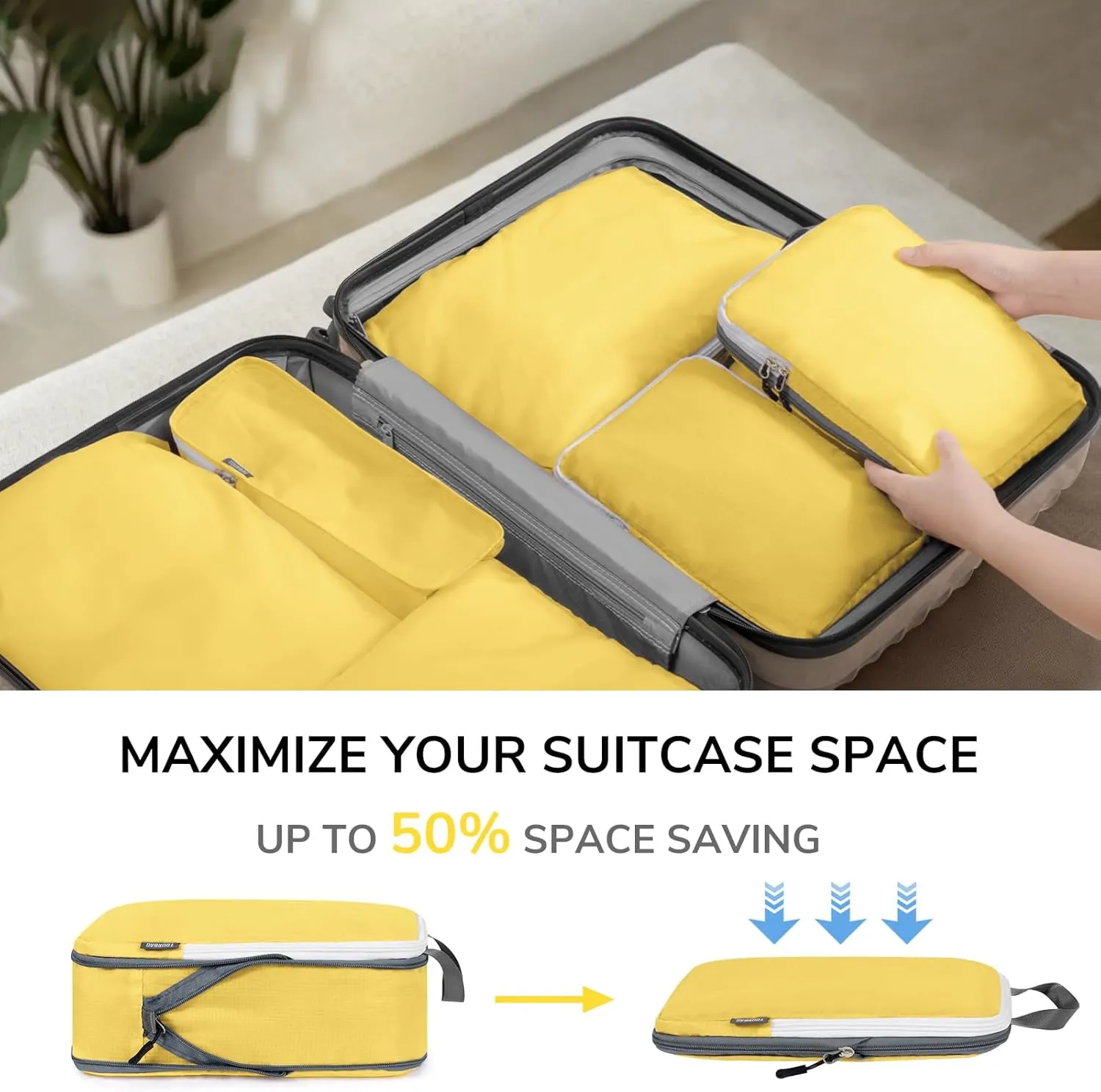 CherryNow Compression Packing Cubes, 7 Set Packing Cubes for Travel Compression, Suitcase Organizers, Travel Bags for Shoes, Clothing, Yellow