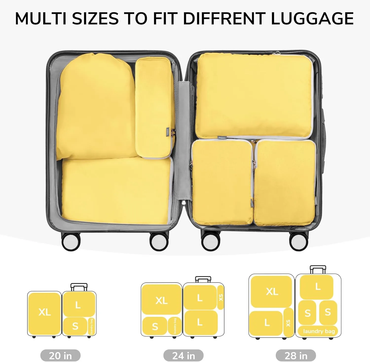 CherryNow Compression Packing Cubes, 7 Set Packing Cubes for Travel Compression, Suitcase Organizers, Travel Bags for Shoes, Clothing, Yellow