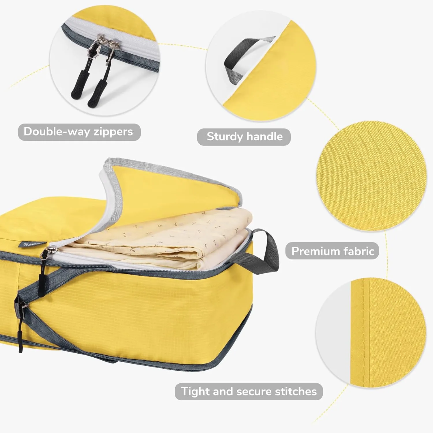 CherryNow Compression Packing Cubes, 7 Set Packing Cubes for Travel Compression, Suitcase Organizers, Travel Bags for Shoes, Clothing, Yellow