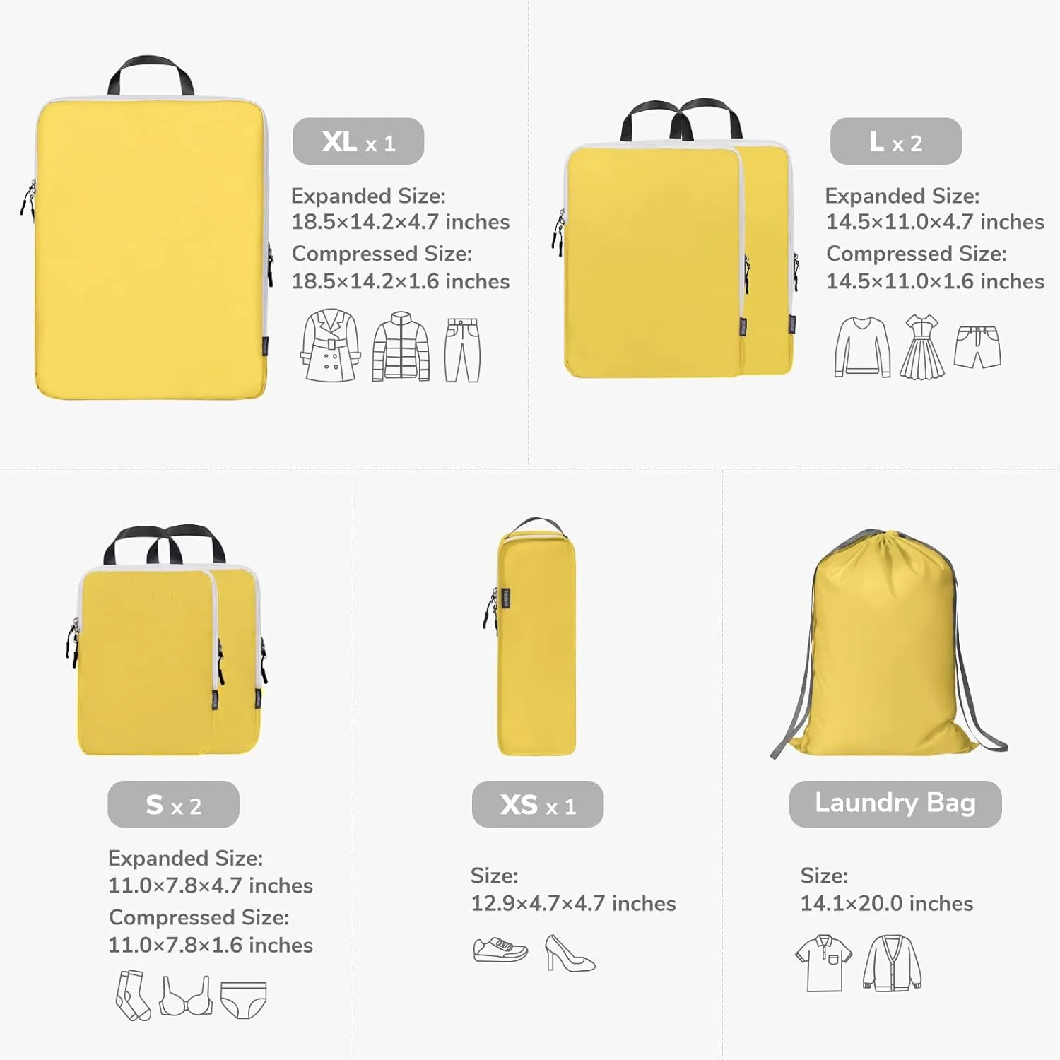 CherryNow Compression Packing Cubes, 7 Set Packing Cubes for Travel Compression, Suitcase Organizers, Travel Bags for Shoes, Clothing, Yellow
