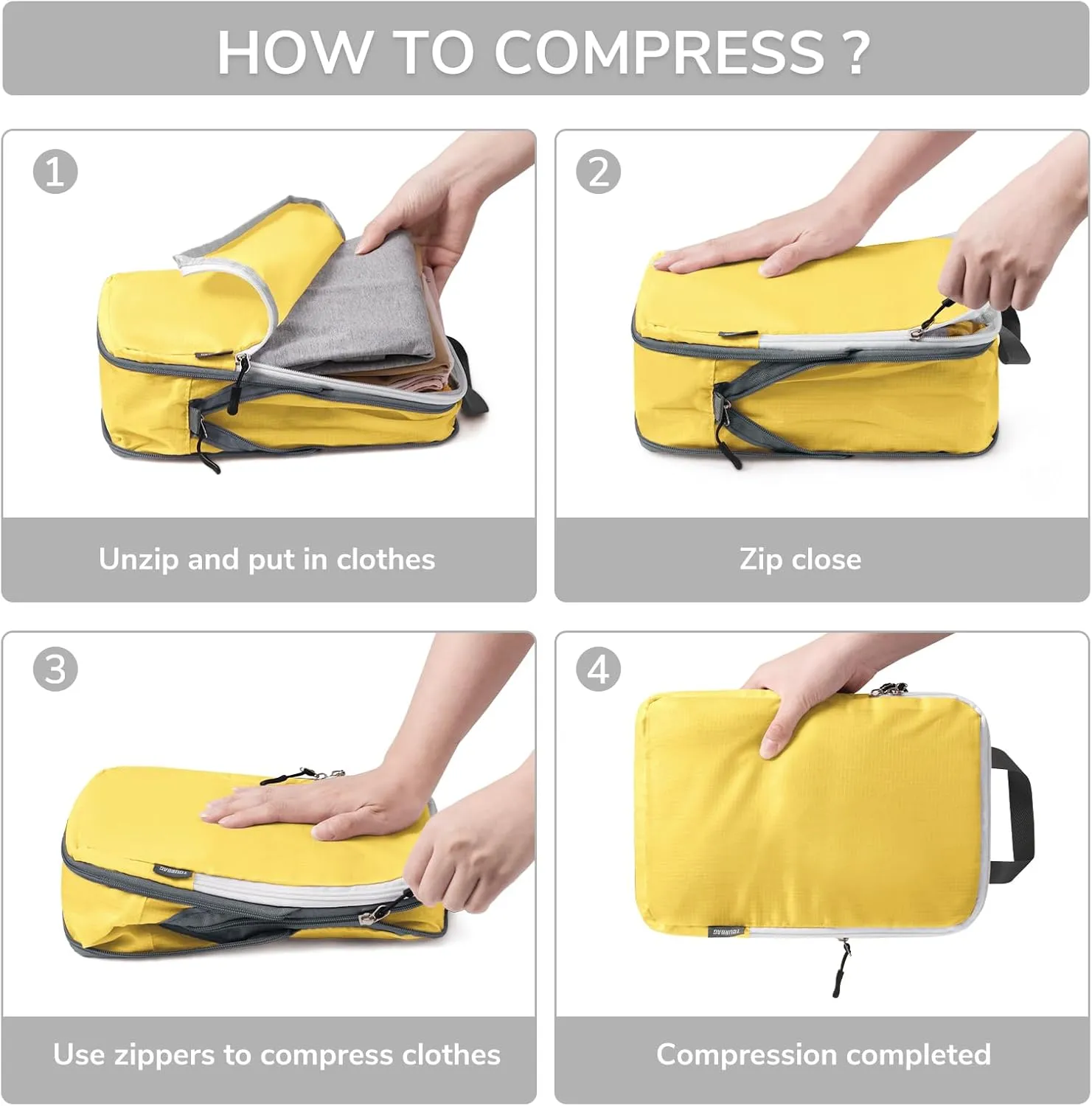 CherryNow Compression Packing Cubes, 7 Set Packing Cubes for Travel Compression, Suitcase Organizers, Travel Bags for Shoes, Clothing, Yellow