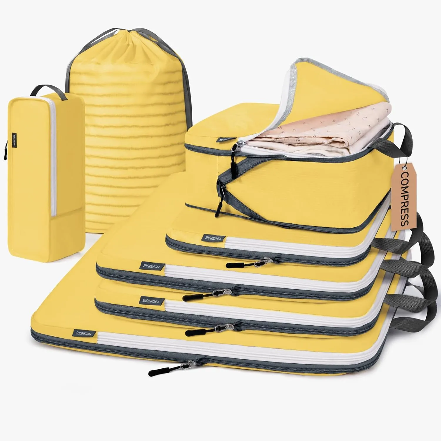 CherryNow Compression Packing Cubes, 7 Set Packing Cubes for Travel Compression, Suitcase Organizers, Travel Bags for Shoes, Clothing, Yellow