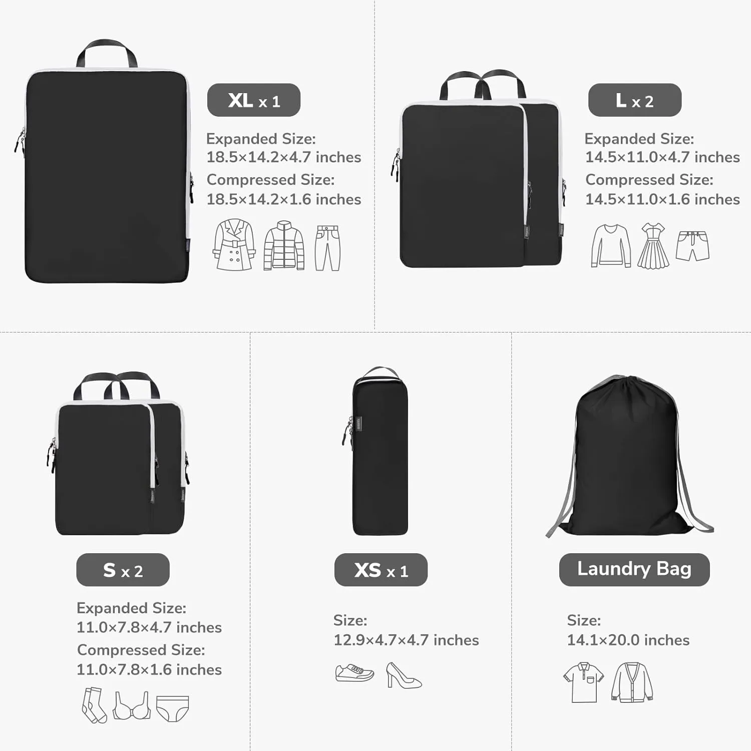 CherryNow Compression Packing Cubes, 7 Set Packing Cubes for Travel, Suitcase Organizers, Luggage Essentials, Travel Bags for Shoes, Clothing, Black