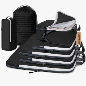 CherryNow Compression Packing Cubes, 7 Set Packing Cubes for Travel, Suitcase Organizers, Luggage Essentials, Travel Bags for Shoes, Clothing, Black