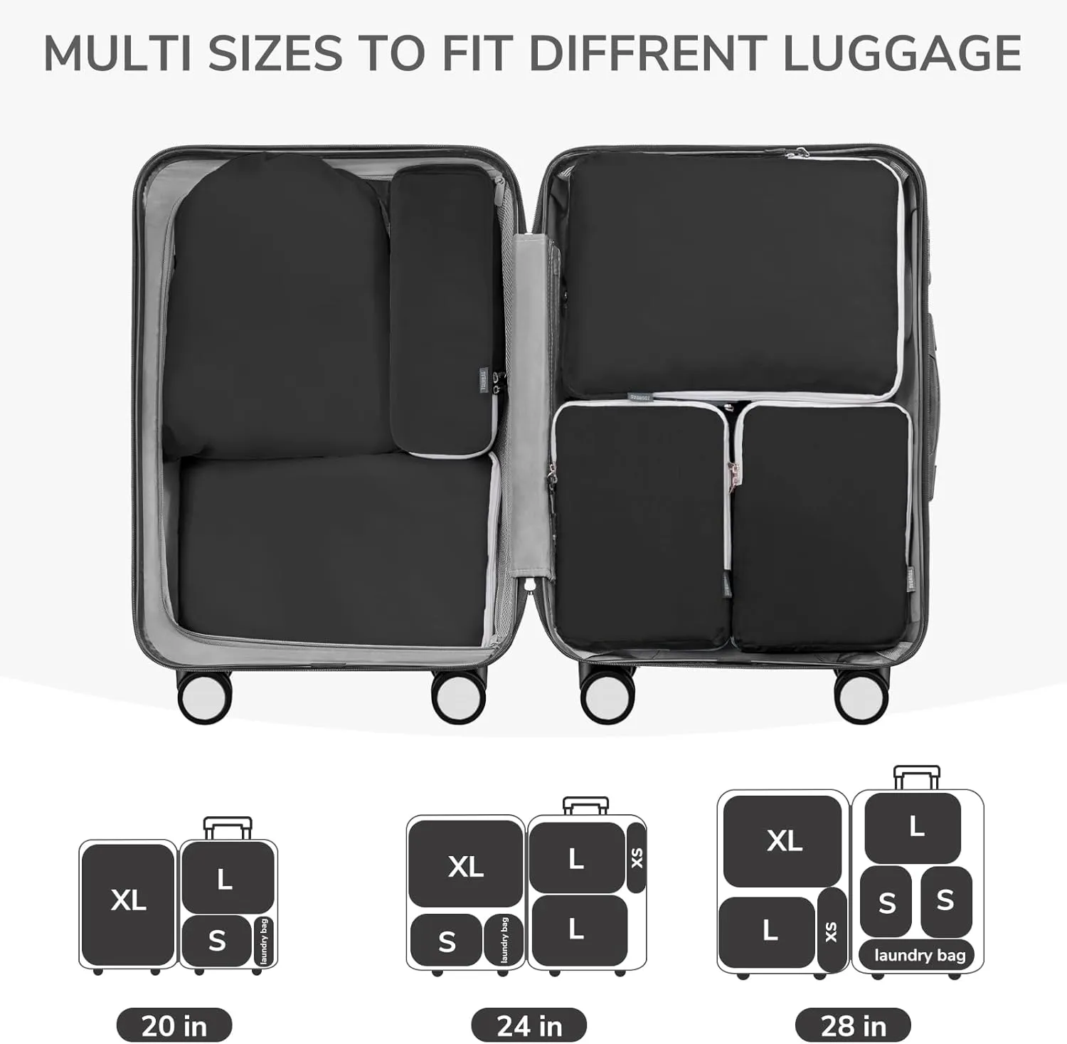 CherryNow Compression Packing Cubes, 7 Set Packing Cubes for Travel, Suitcase Organizers, Luggage Essentials, Travel Bags for Shoes, Clothing, Black
