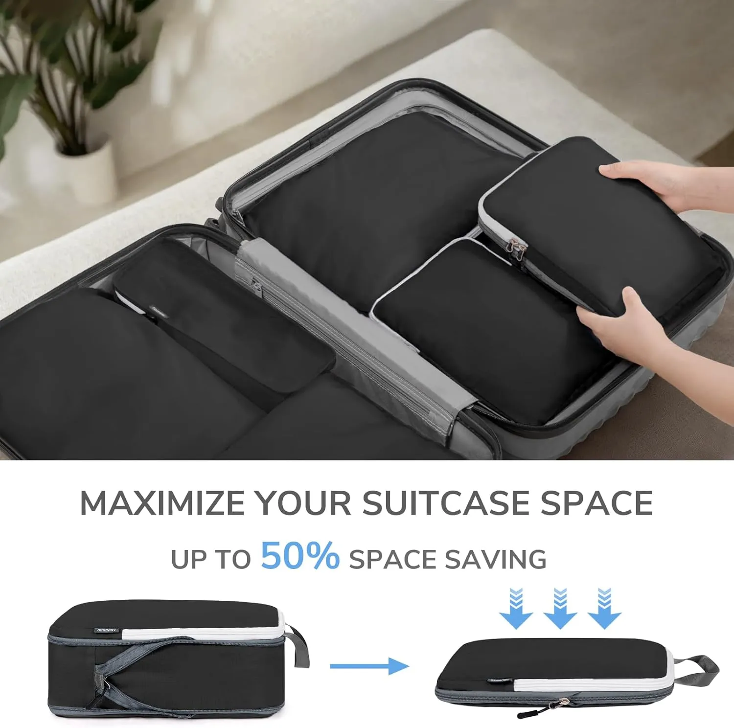 CherryNow Compression Packing Cubes, 7 Set Packing Cubes for Travel, Suitcase Organizers, Luggage Essentials, Travel Bags for Shoes, Clothing, Black
