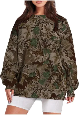 ChicCrate Womens Camo Hoodie Oversized Crewneck Sweatshirts Long Sleeve Loose Fit Pullover Maple Leaf Print Tops Y2K Blouse