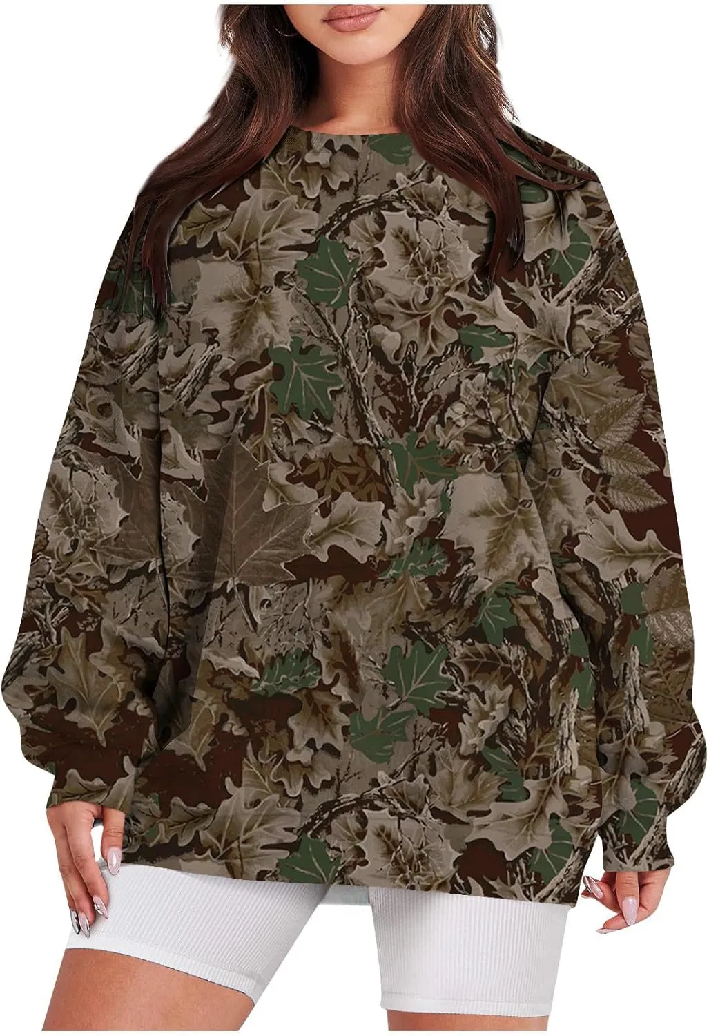ChicCrate Womens Camo Hoodie Oversized Crewneck Sweatshirts Long Sleeve Loose Fit Pullover Maple Leaf Print Tops Y2K Blouse
