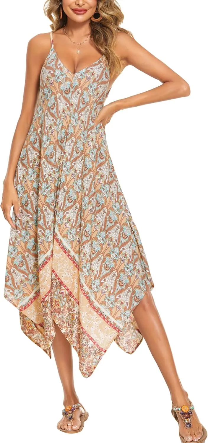 Chigant Women's 2025 Summer Dress Casual Boho Sundress Spaghetti Strap Swimwear Cover Up Beach Flowy Midi Vacation Dresses