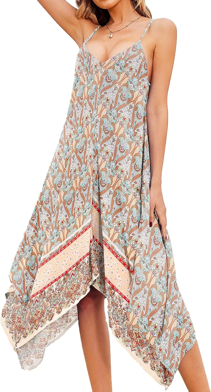 Chigant Women's 2025 Summer Dress Casual Boho Sundress Spaghetti Strap Swimwear Cover Up Beach Flowy Midi Vacation Dresses