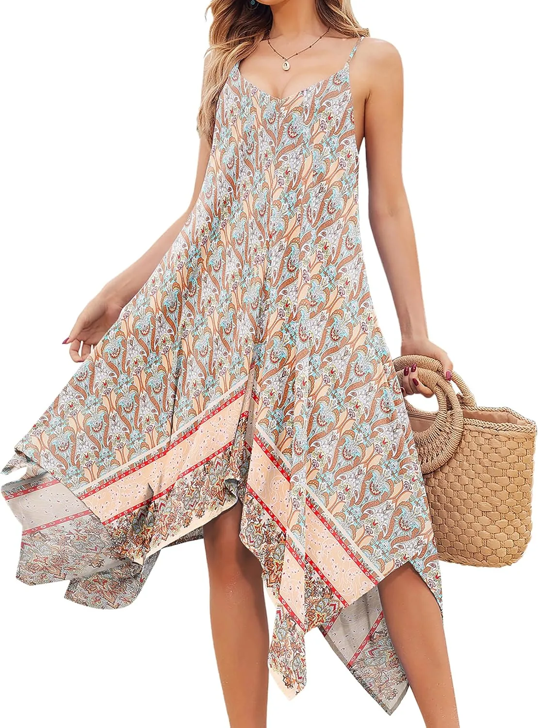 Chigant Women's 2025 Summer Dress Casual Boho Sundress Spaghetti Strap Swimwear Cover Up Beach Flowy Midi Vacation Dresses