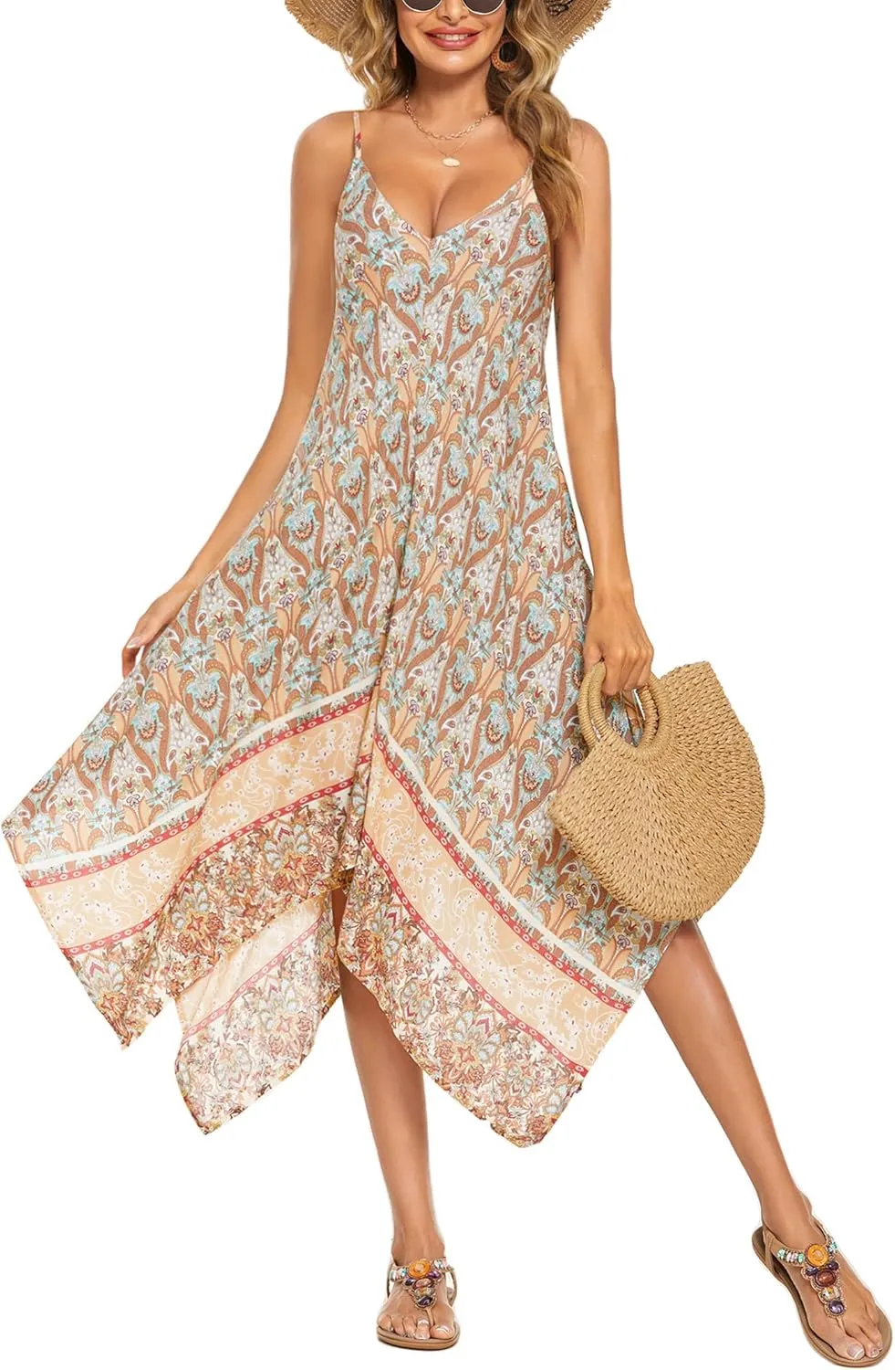 Chigant Women's 2025 Summer Dress Casual Boho Sundress Spaghetti Strap Swimwear Cover Up Beach Flowy Midi Vacation Dresses