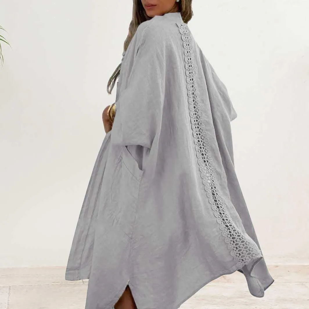 chouyatou Women's Boho Crochet Eyelet Open Front Irregular Long Cotton Beach Coverup Cardigan Shirt Blouses