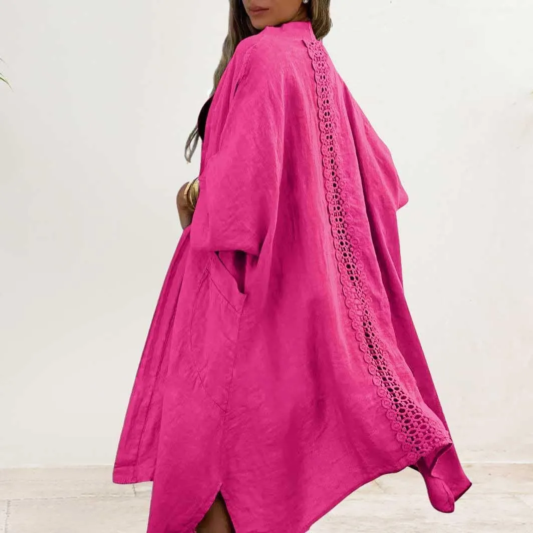 chouyatou Women's Boho Crochet Eyelet Open Front Irregular Long Cotton Beach Coverup Cardigan Shirt Blouses
