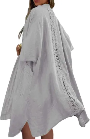 chouyatou Women's Boho Crochet Eyelet Open Front Irregular Long Cotton Beach Coverup Cardigan Shirt Blouses