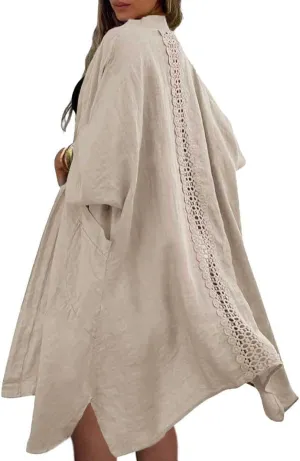 chouyatou Women's Boho Crochet Eyelet Open Front Irregular Long Cotton Beach Coverup Cardigan Shirt Blouses