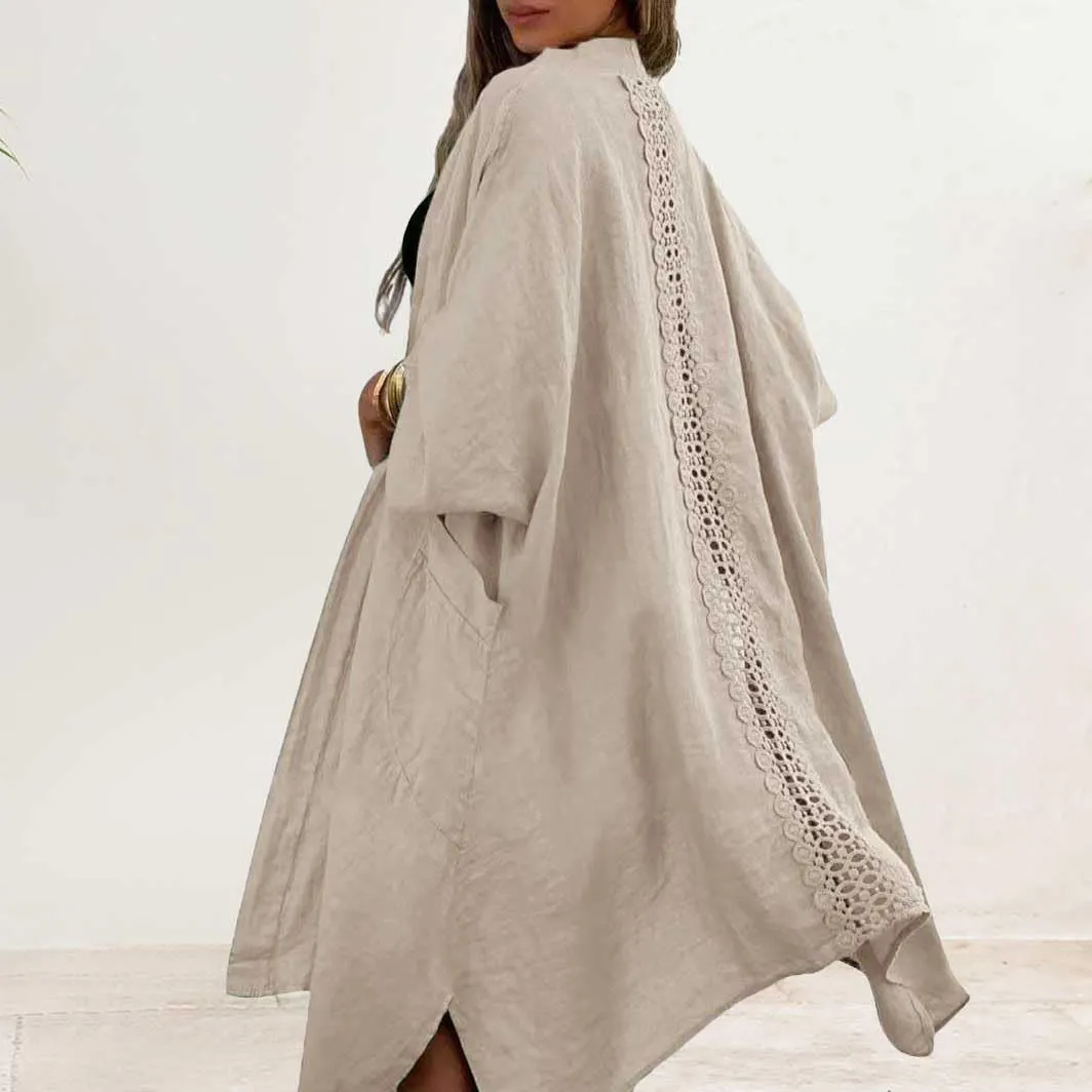 chouyatou Women's Boho Crochet Eyelet Open Front Irregular Long Cotton Beach Coverup Cardigan Shirt Blouses