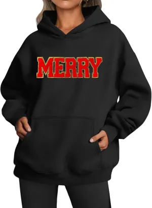 Christmas Sweatshirts for Women 2024 Merry Letter Shirt Oversized Long Sleeve Hoodie Pullover Sweatshirt Xmas Tops