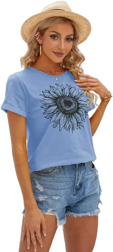 Cicy Bell Women's T Shirts Short Sleeve Tees Sunflower Graphic Loose Summer Tops