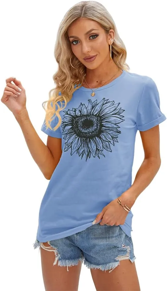 Cicy Bell Women's T Shirts Short Sleeve Tees Sunflower Graphic Loose Summer Tops