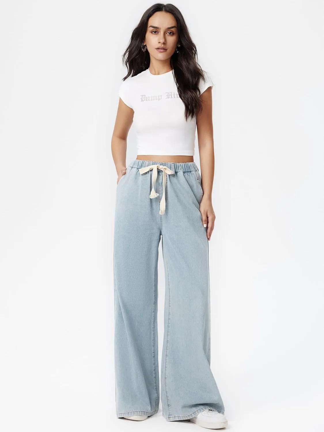 CIDER Wide Leg Jeans High Wasited Drawstring Baggy Denim Pants with Pockets