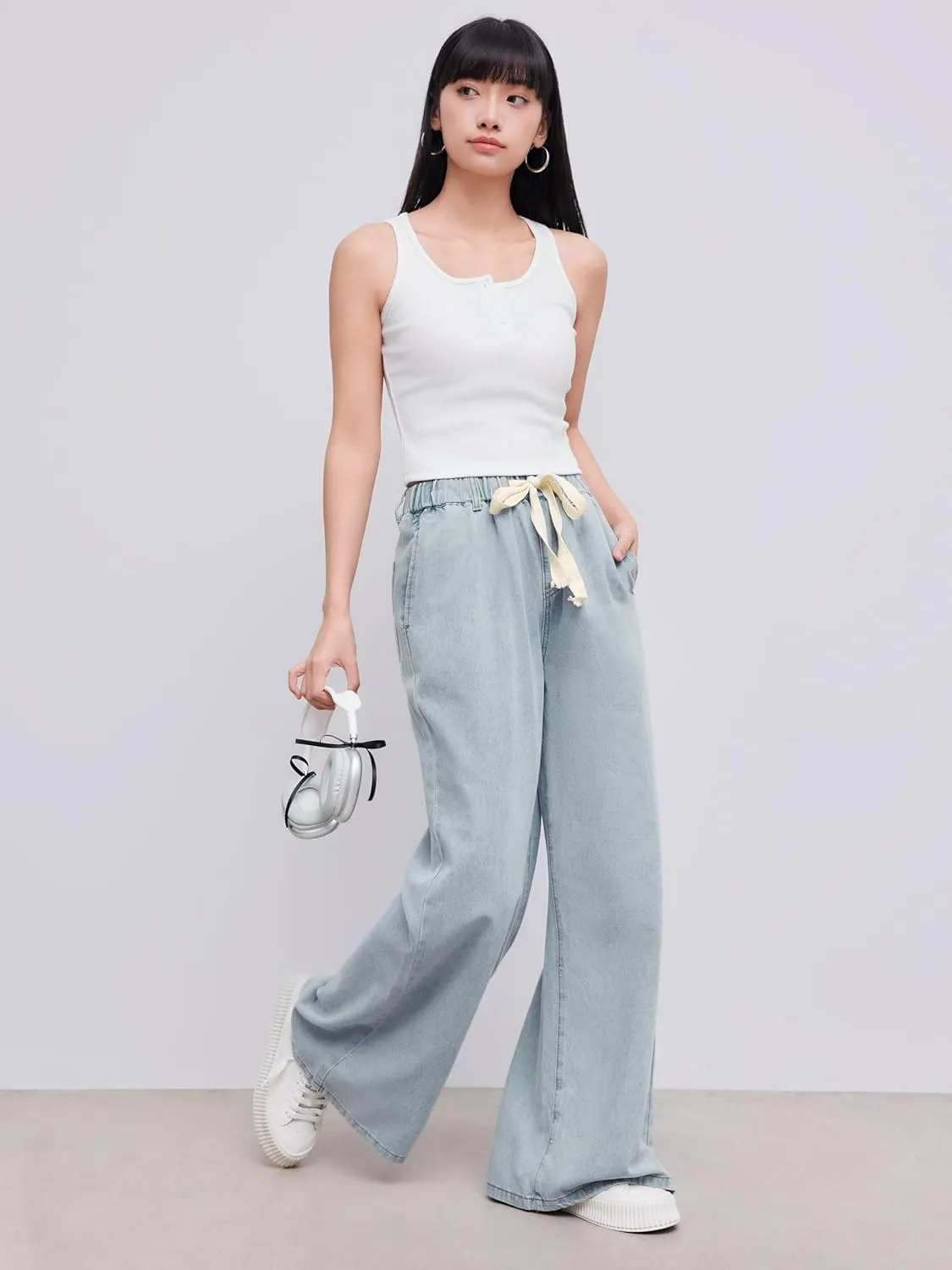 CIDER Wide Leg Jeans High Wasited Drawstring Baggy Denim Pants with Pockets