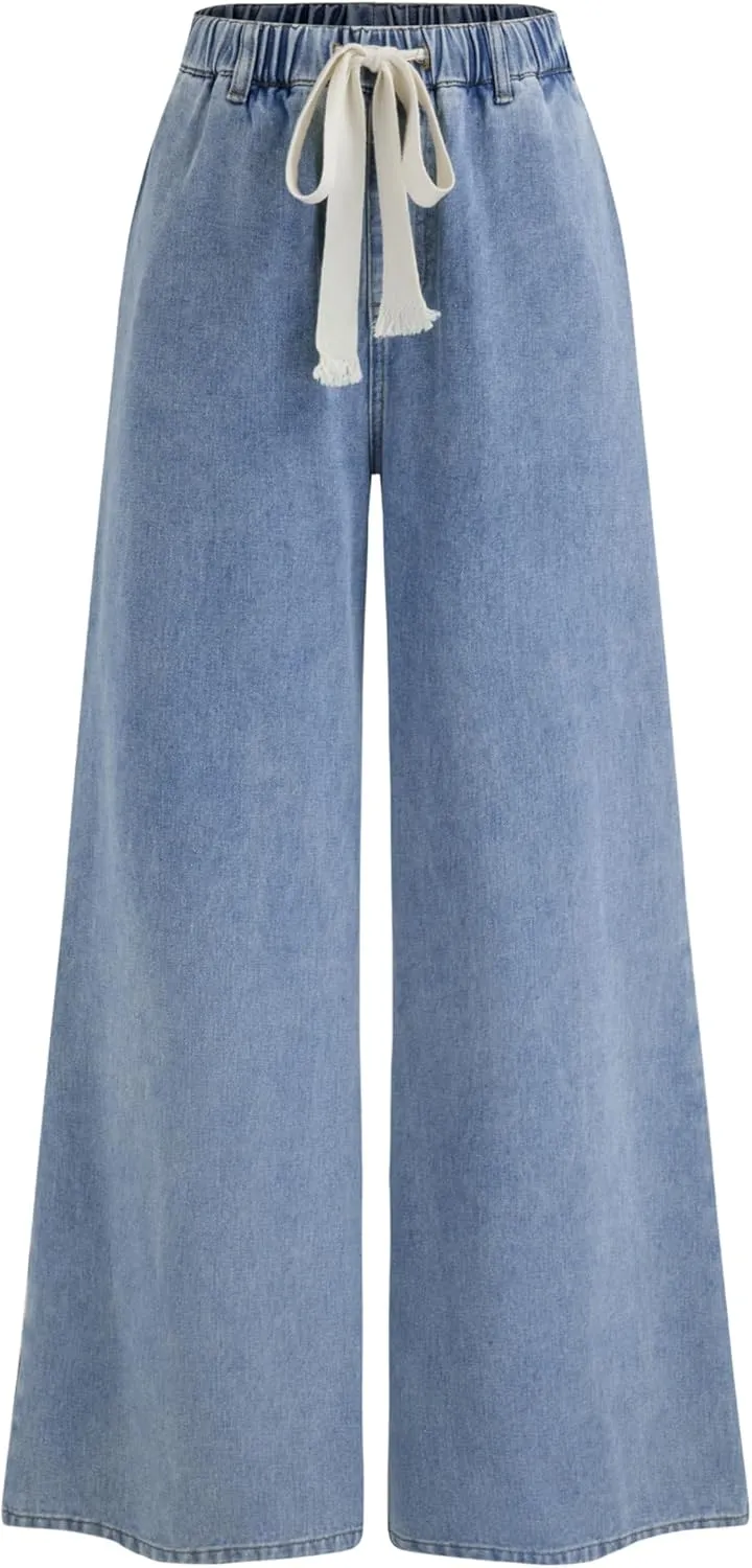 CIDER Wide Leg Jeans High Wasited Drawstring Baggy Denim Pants with Pockets