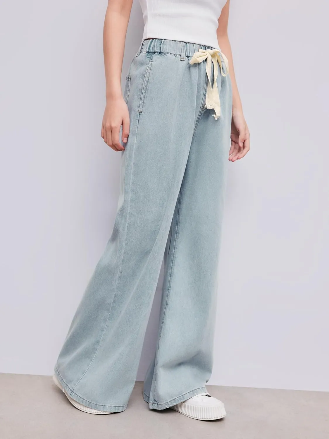 CIDER Wide Leg Jeans High Wasited Drawstring Baggy Denim Pants with Pockets