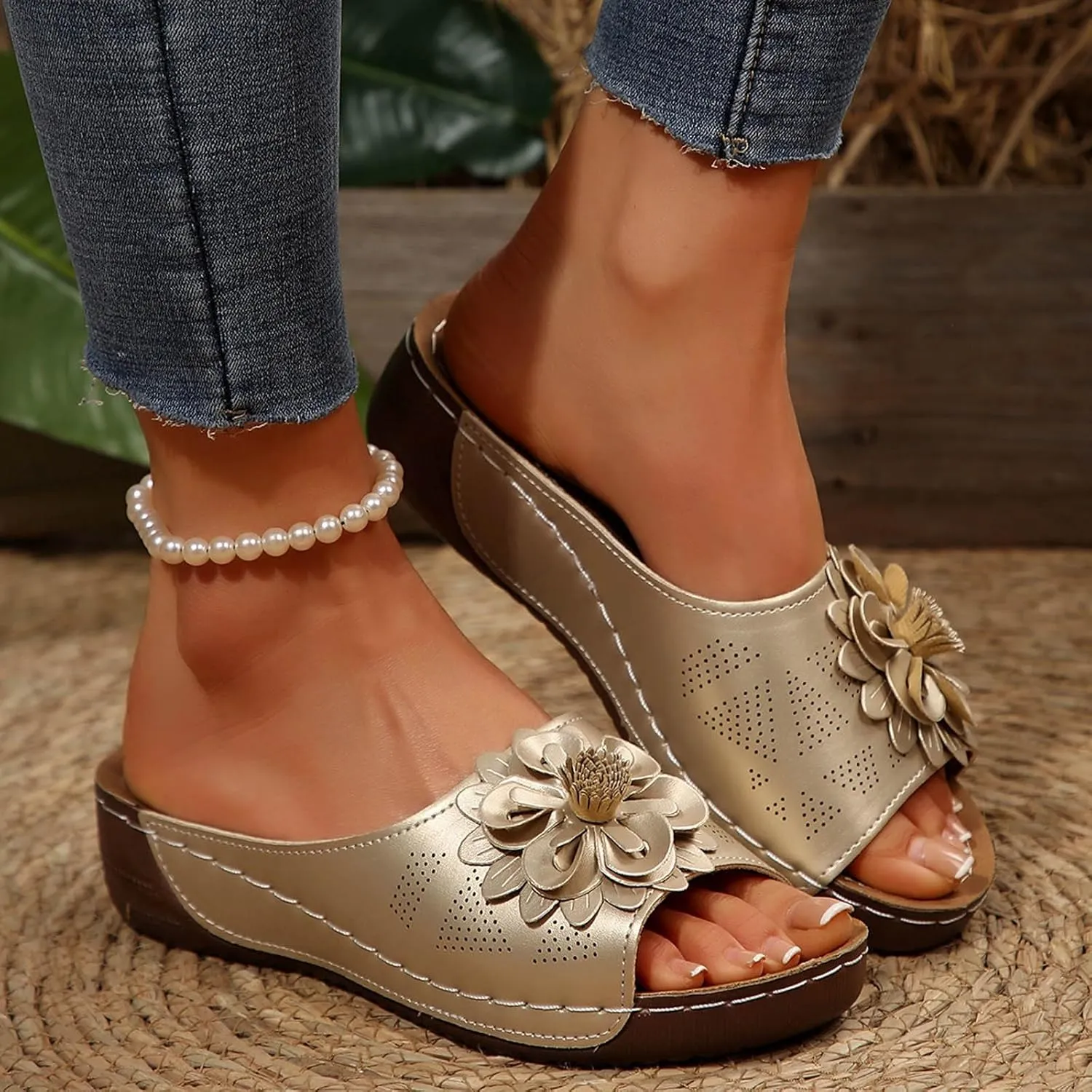 Comfortable Non-Slip Open-Toe Wedge Sandals for Women Dress Orthopedic Summer Ladies Platform Leather Wedge Arch Support Slip on Shoes Dressy