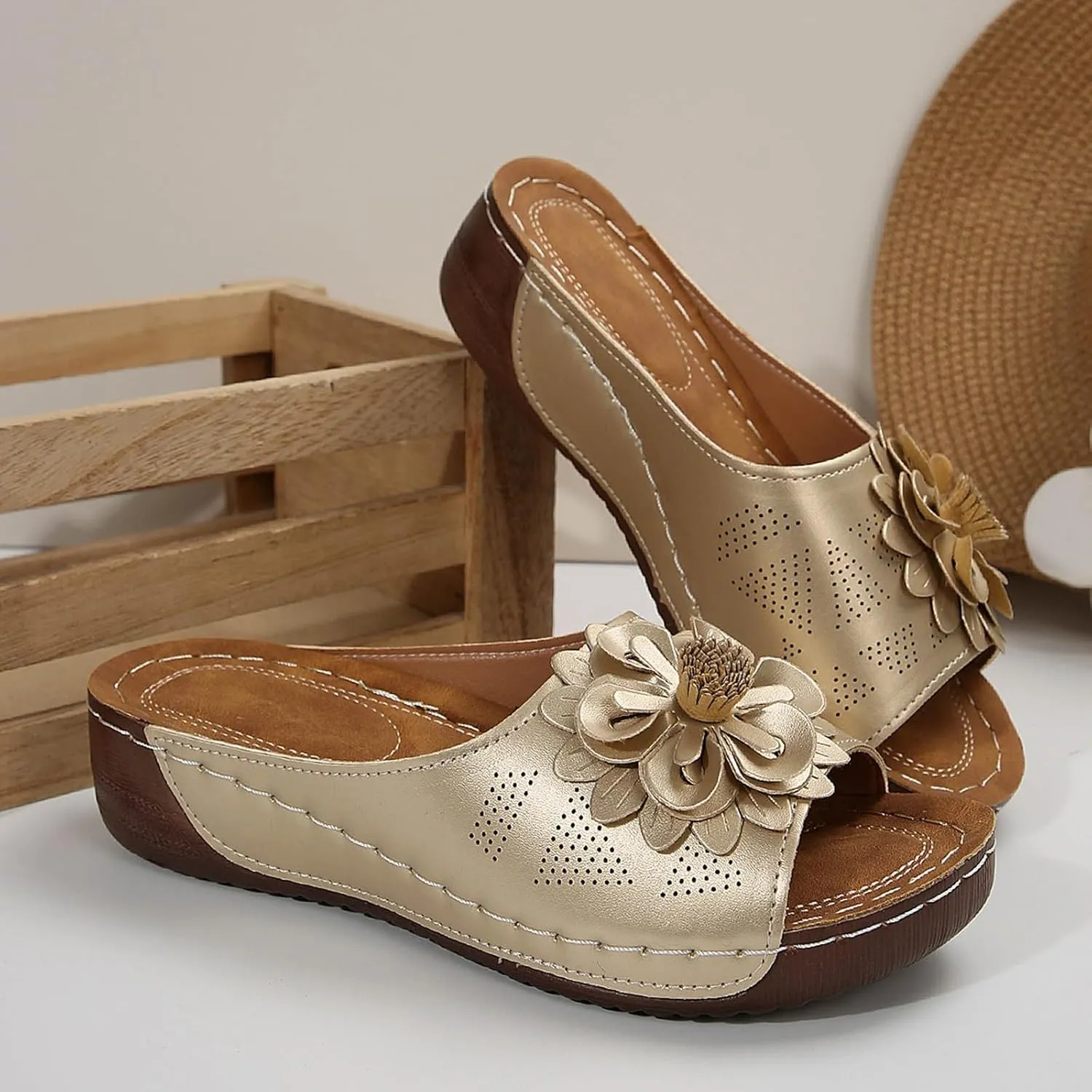 Comfortable Non-Slip Open-Toe Wedge Sandals for Women Dress Orthopedic Summer Ladies Platform Leather Wedge Arch Support Slip on Shoes Dressy