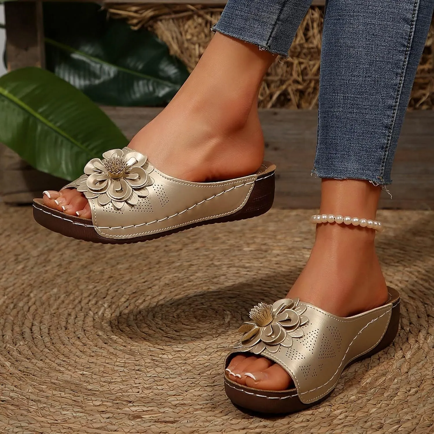 Comfortable Non-Slip Open-Toe Wedge Sandals for Women Dress Orthopedic Summer Ladies Platform Leather Wedge Arch Support Slip on Shoes Dressy
